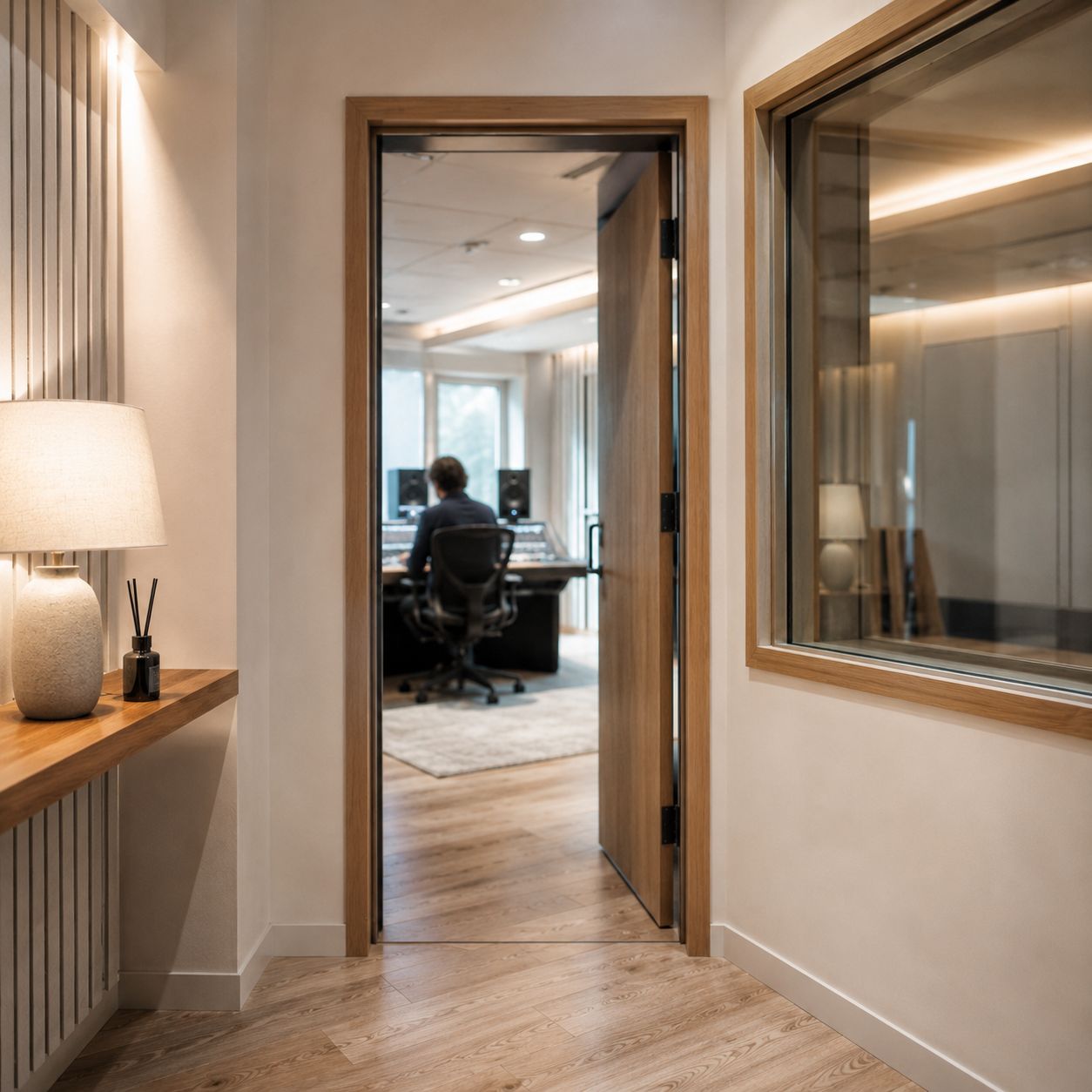 Control room viewed through a doorway with mix desk, monitor speakers and engineer at work.