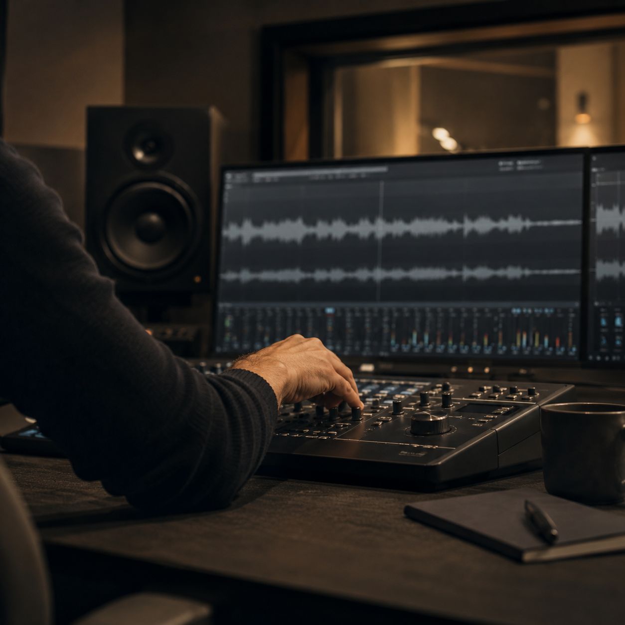 Audio post desk with controls, monitor speaker and waveform display in a dark control room.