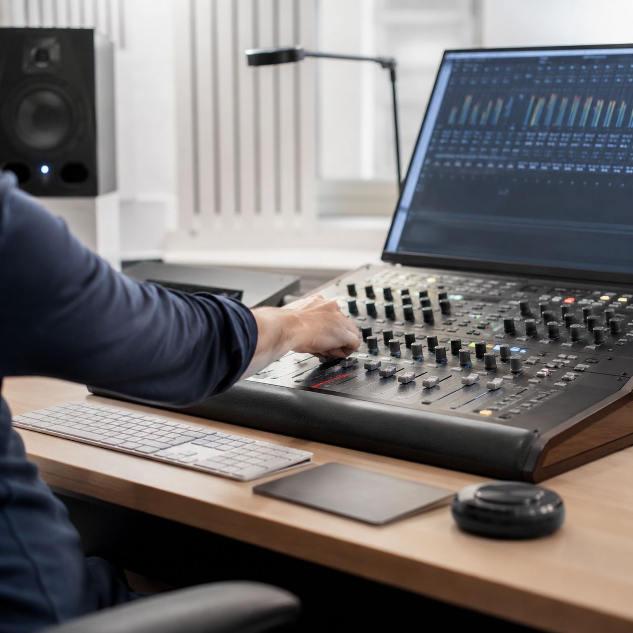 Mixing console and workstation in a bright control room with audio meters on screen.