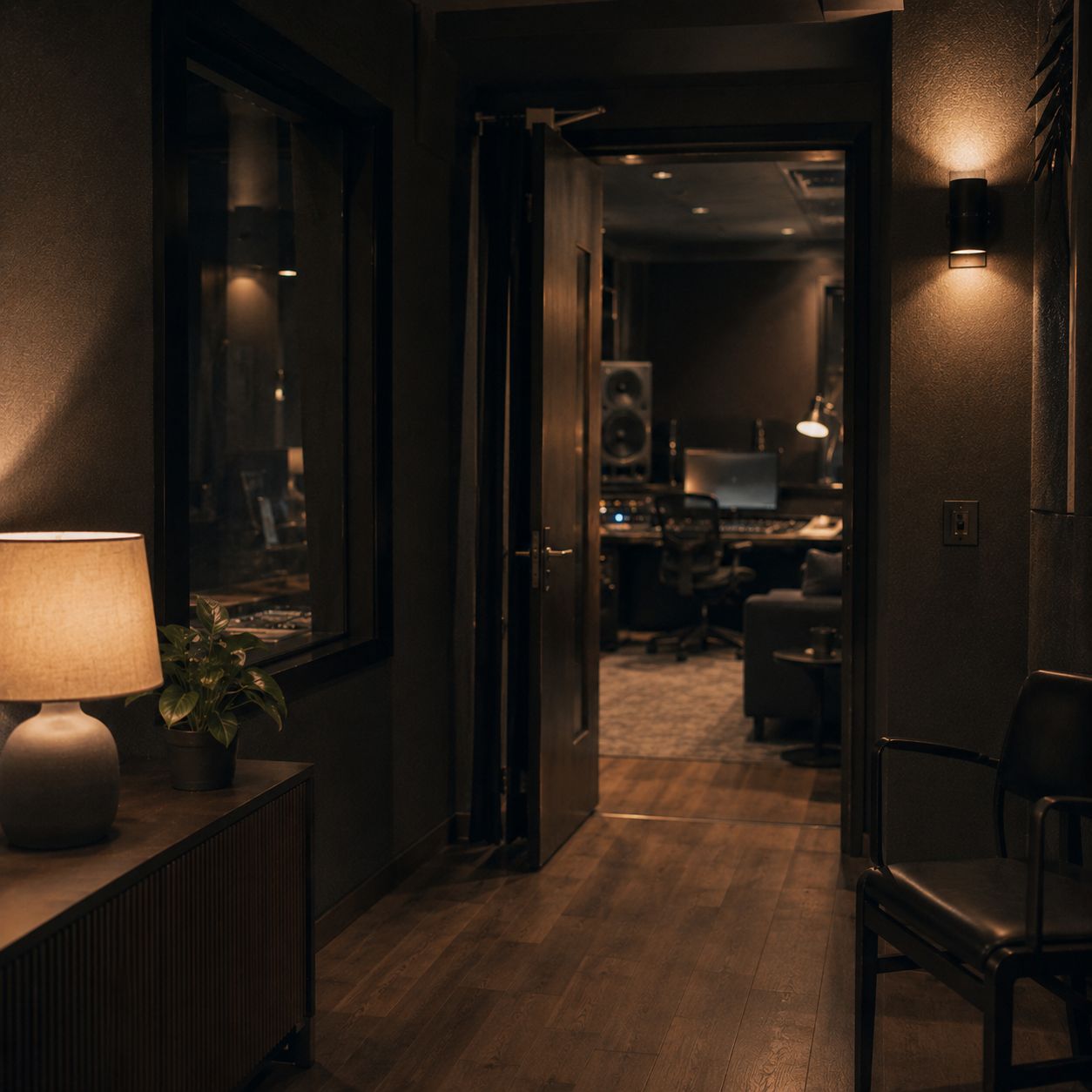 Studio corridor looking toward the control room with warm light and a calm reception space.