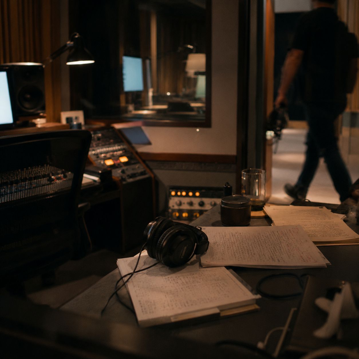 Studio desk with handwritten notes, headphones and a person walking through the background.
