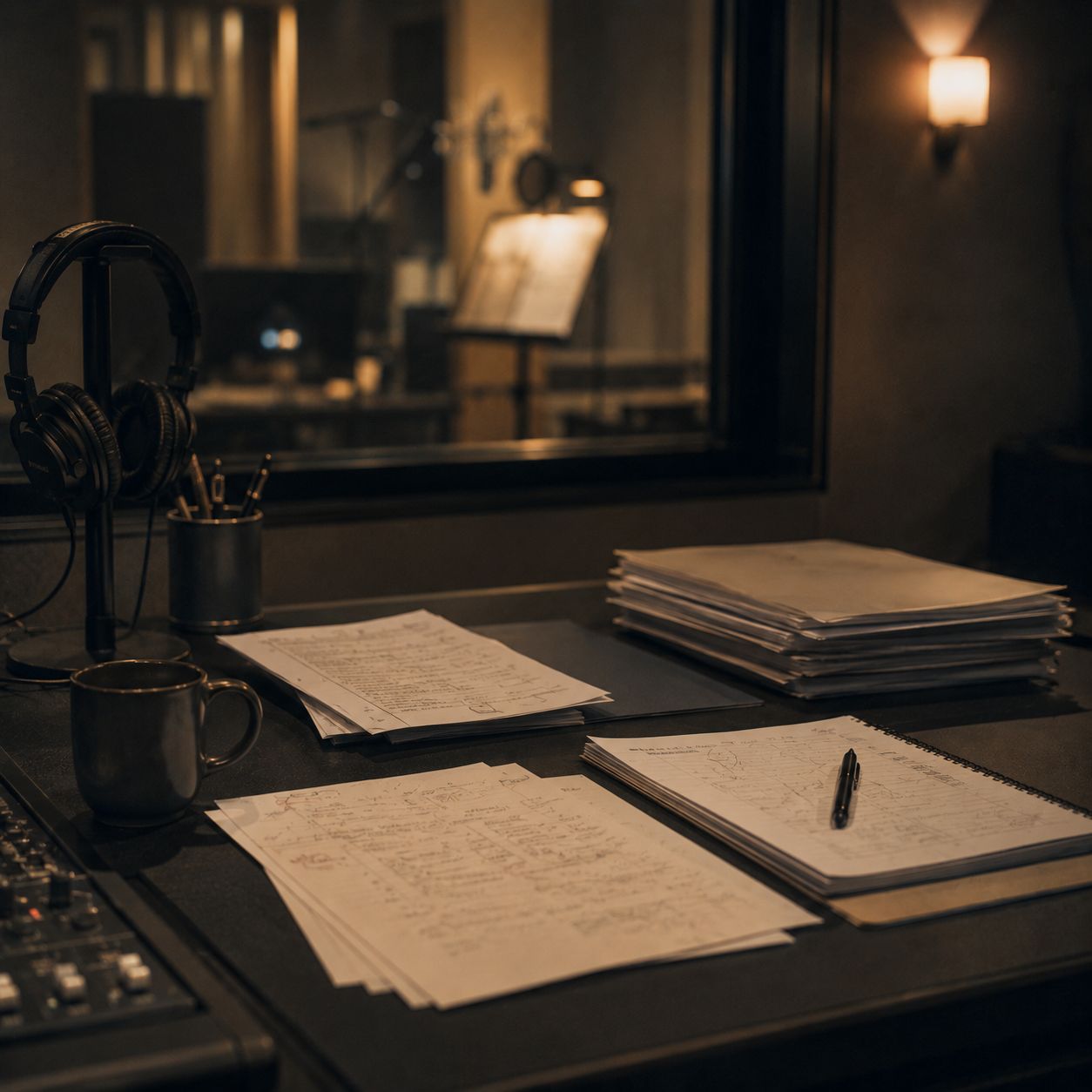 Notes, headphones and script pages on a studio desk beside the control room.