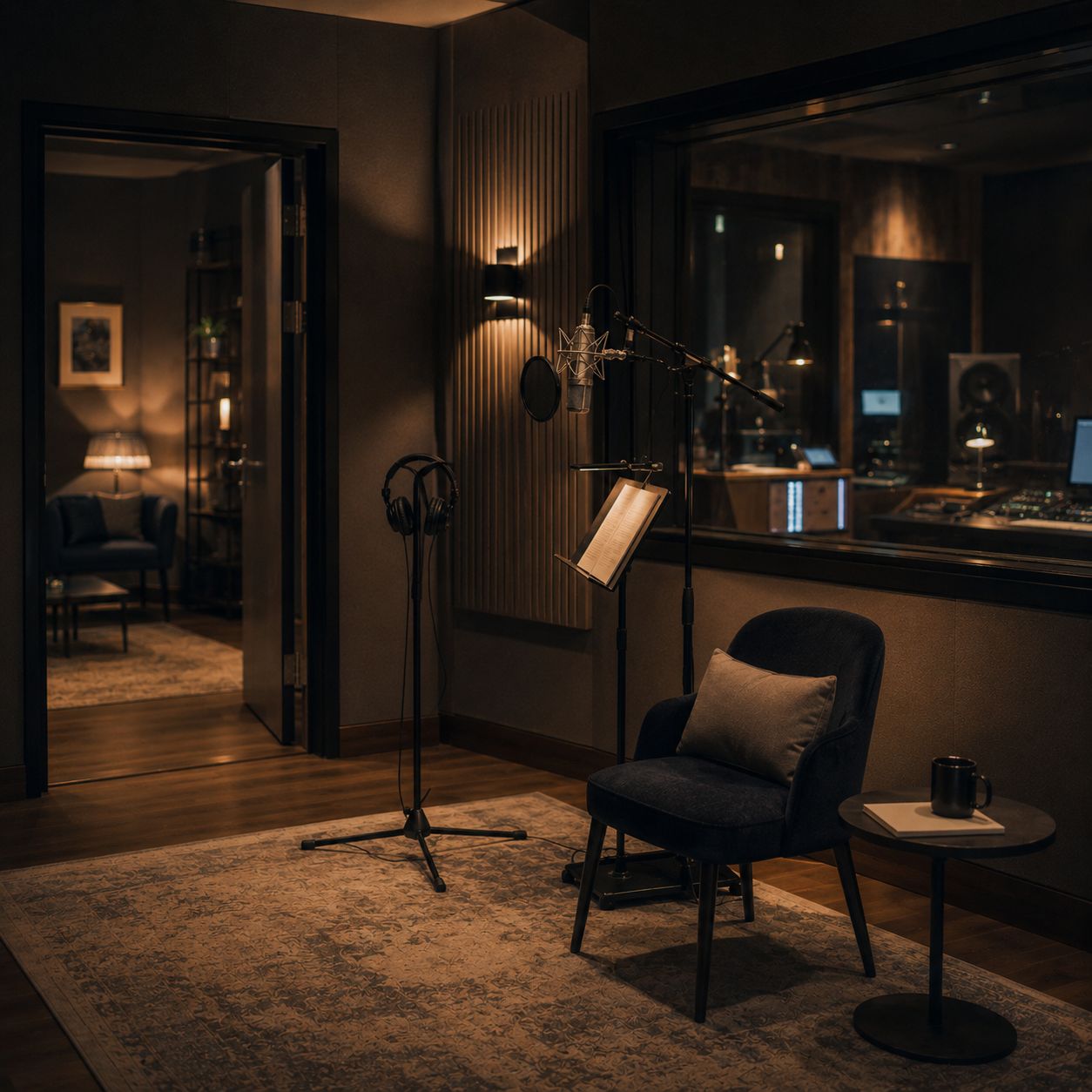 Editorial image of a prepared voice and audio-post studio interior.