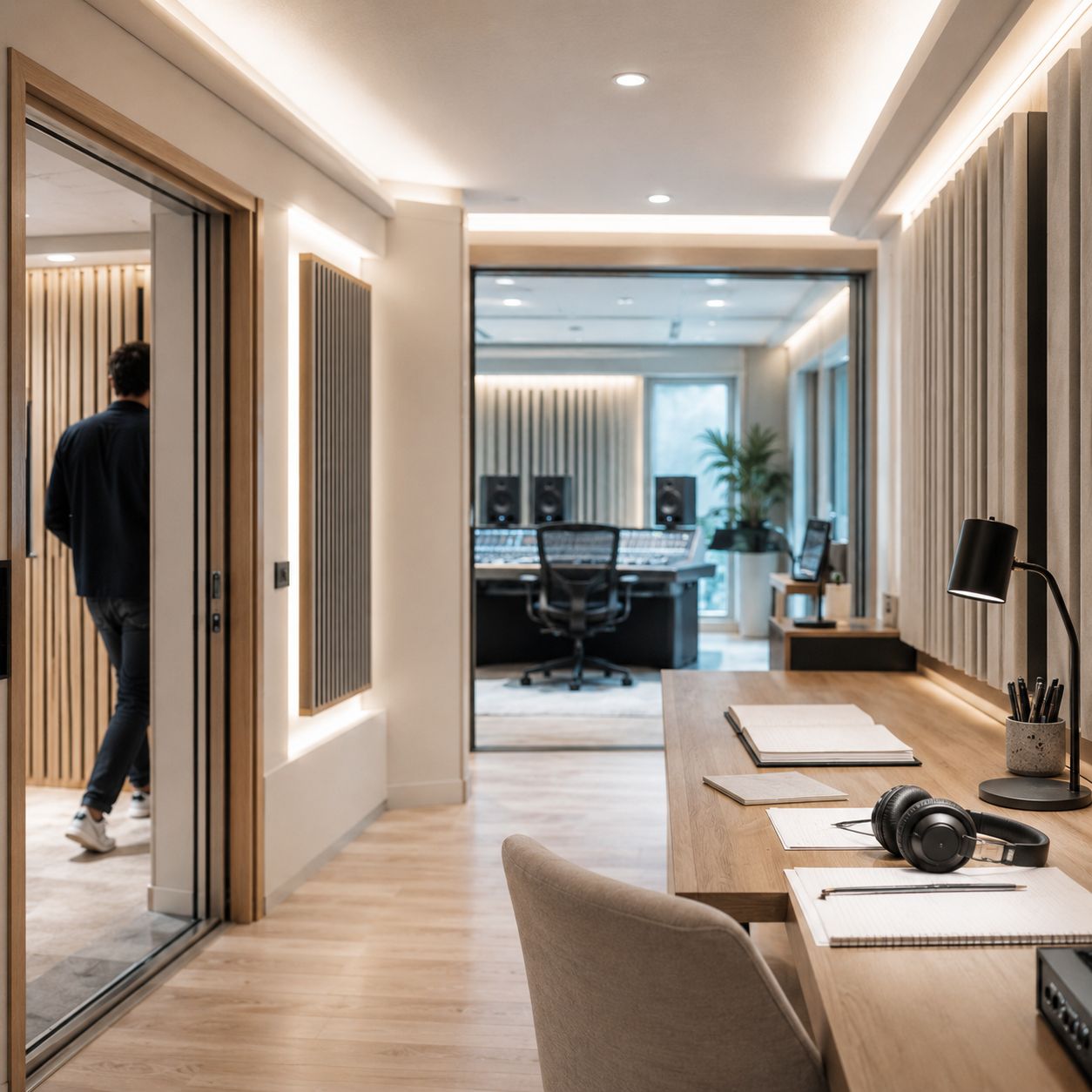 Studio hallway and control room workflow with headphones and paperwork on the desk.