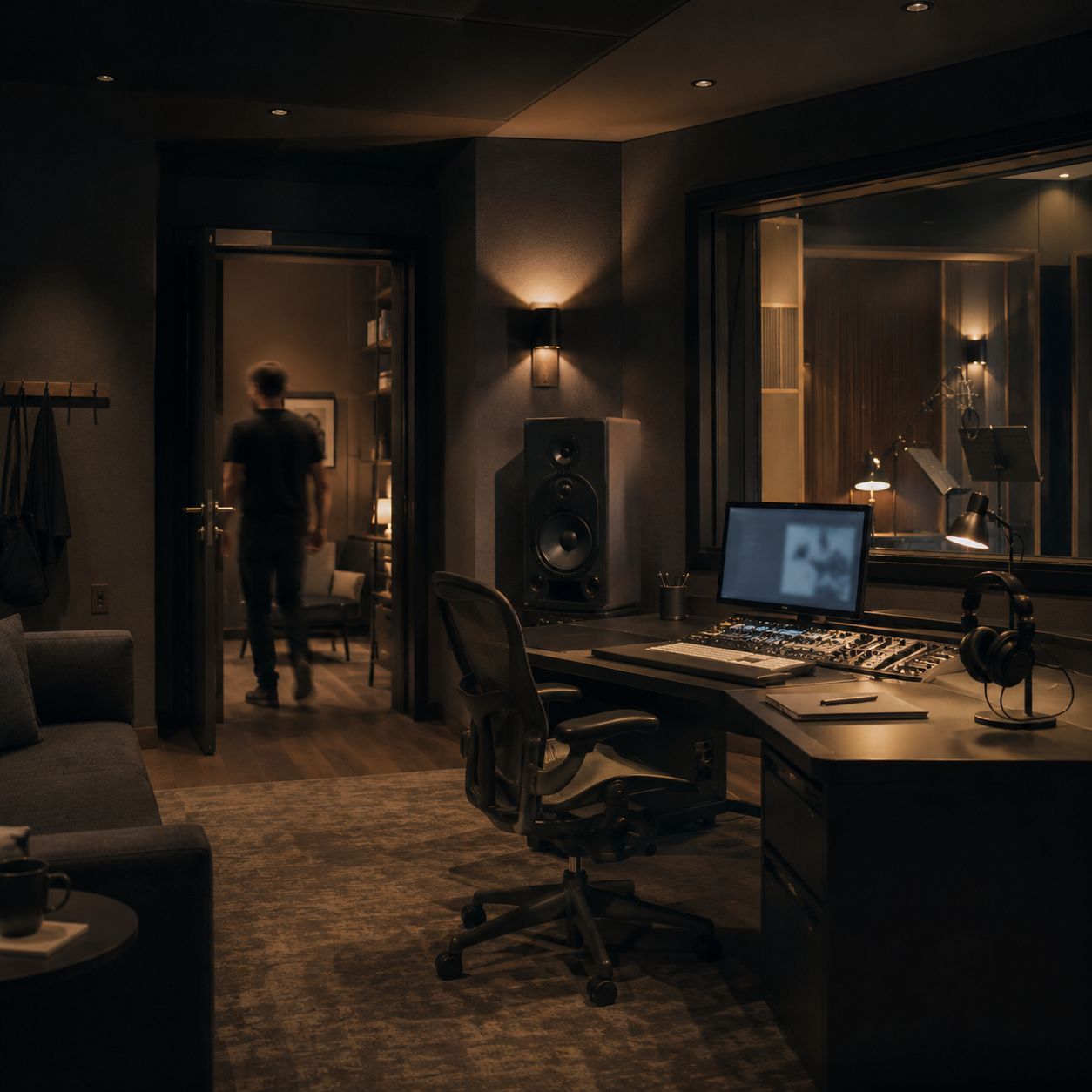 Engineer moving through a control room while carrying cables beside the main desk.