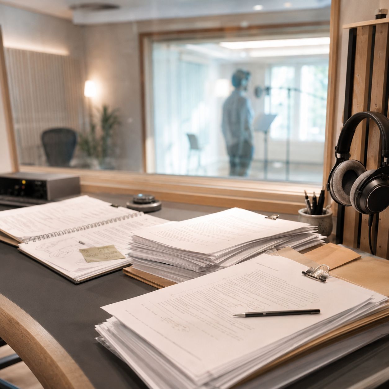 Paperwork, sketches and session notes laid out in a control room viewed through glass.