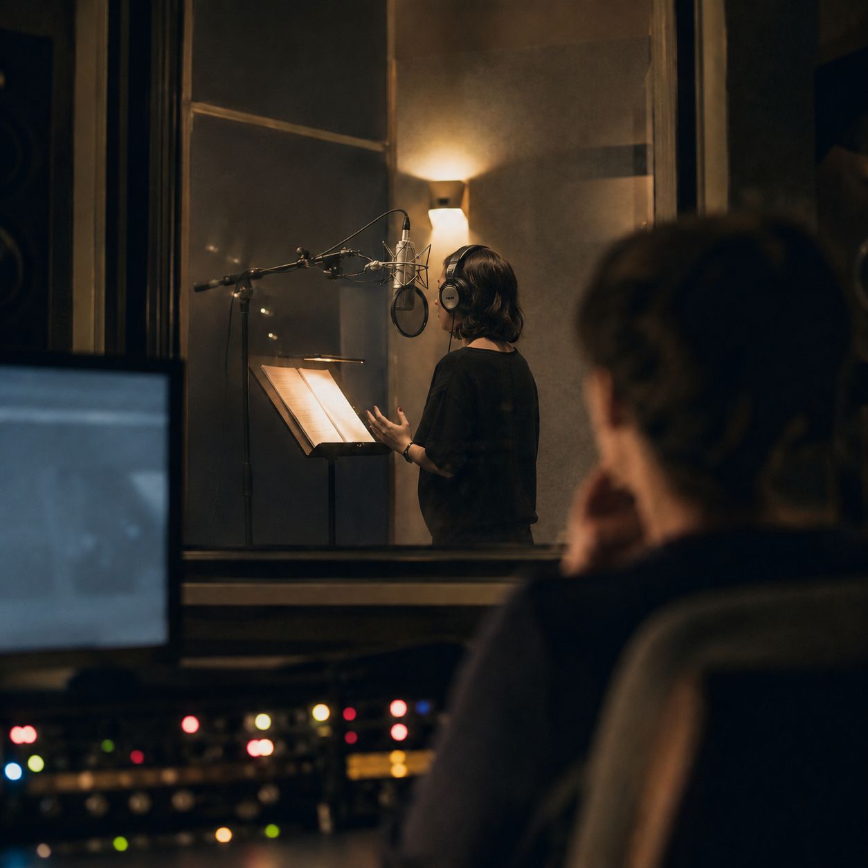 Voice session seen through the glass with performer at the microphone and engineer observing.