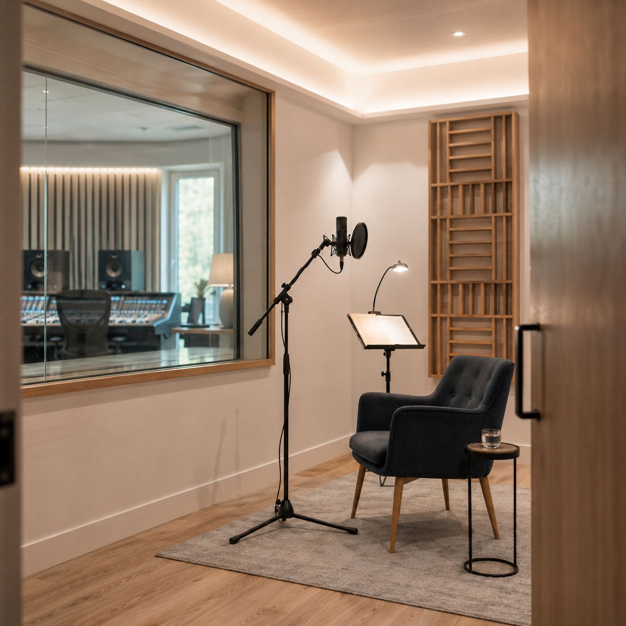 Empty voice booth with microphone, headphones and script stand ready for a session.