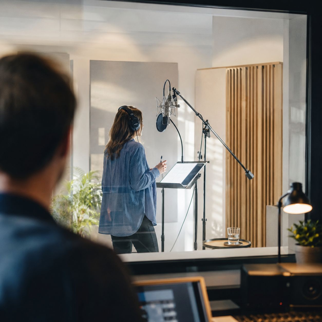 Voice session viewed from the control room with performer, microphone and script stand in a bright booth.