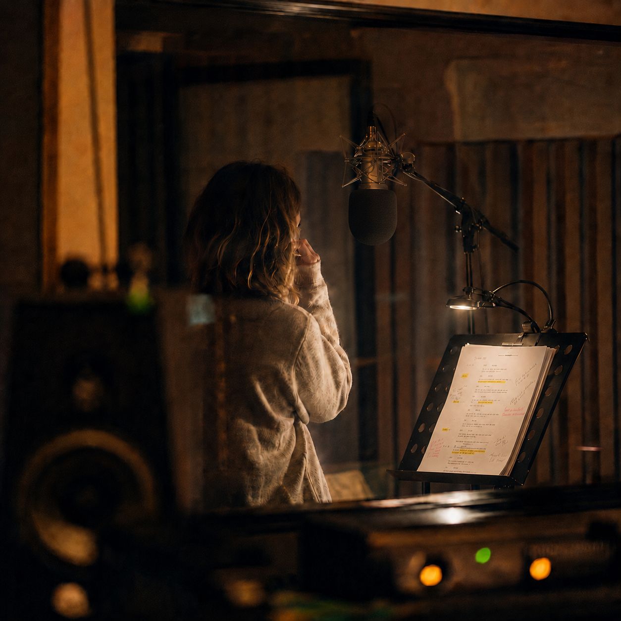 Voice actor recording in a warm studio booth with a suspended microphone and script stand.
